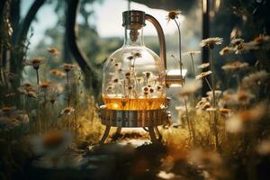 Generative AI, Essential oil extraction with distillery machine with chamomile flowers photo