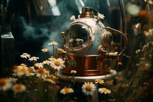 Generative AI, Essential oil extraction with distillery machine with chamomile flowers photo