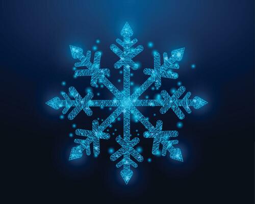 Snowflake, wireframe low poly style design. Merry Christmas and New Year concept. Wireframe glowing low poly design on a blue background. Abstract futuristic vector illustration