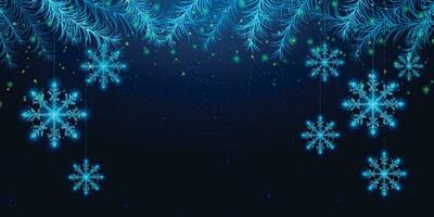 Wireframe snowflakes and Christmas tree branches, low poly style. New Year banner. Abstract modern vector illustration on blue background.