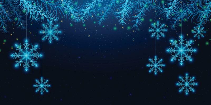 Wireframe snowflakes and Christmas tree branches, low poly style. New Year banner. Abstract modern vector illustration on blue background.