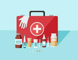 Portable first aid kit, medical aid items for cars, tourism, nurses. Vector cartoon illustration of medical elements.