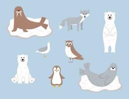 Cute Arctic animals. Vector illustration with funny polar animals. Polar bear walrus seal seagull scribe owl.
