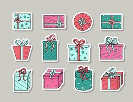 Stickers Gift boxes with bows. Vector illustration of colored icons of a festive present in a package.