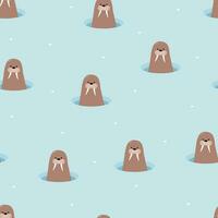 Seamless pattern of cute cartoon walrus in the ice hole. Background wallpaper for kids with a funny arctic animal. vector