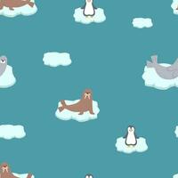 Seamless pattern Cute Arctic animals. Vector illustration with funny polar animals. Walrus, penguin and a navy seal on an ice floe.