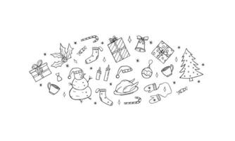 Christmas and New Year set of doodle icons. Vector illustration of cartoon hand draw elements of the symbol of Christmas.