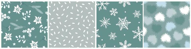 Set of seamless patterns with winter snowflakes, fir branches, snow, cold hearts. Festive frosty print. Vector graphics.