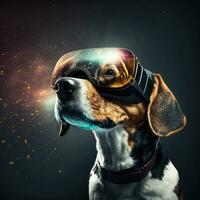 Dog wearing VR headset with augmented reality entertainment. Generative AI photo