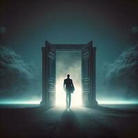 Man walking through the door to light.. Generative ai photo