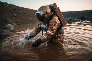 Astronaut filtering water on alien planet. Generative AI photo