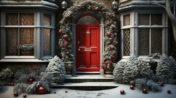 Generative AI, Front door with Christmas decoration, wreath and garland. Red and grey colors photo