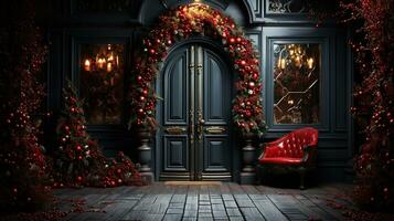 Generative AI, Front door with Christmas decoration, wreath and garland. Red and grey colors photo