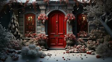 Generative AI, Front door with Christmas decoration, wreath and garland. Red and grey colors photo