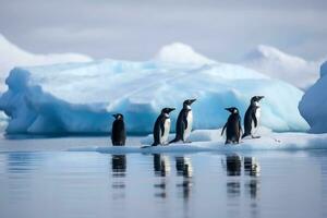 Penguin group on melting iceberg, global warming. Generative AI photo