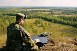 militar zumbido operador soldado utilizando volador uav encima un campo, Ucrania Rusia guerra, generativo ai foto