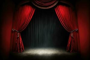 vacío teatro etapa en centro de atención con rojo cortinas generativo ai foto