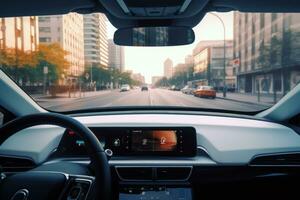 Driving autonomous car in the city with view from the inside. Generative AI photo