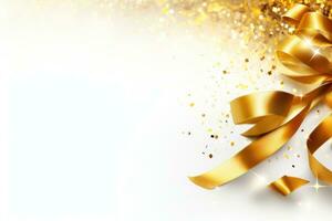 Gift bow with golden confetti on white background. Vector illustration, Golden confetti and ribbons on a white background. Festive background, AI Generated photo