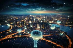 Smart city and wireless communication network over the cityscape at night concept, Global network connection and internet of things concept, AI Generated photo