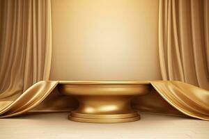 Golden podium with gold drapery and drapery. Vector background, Golden luxurious fabric or cloth placed on top pedestal or blank podium shelf on gold background, AI Generated photo