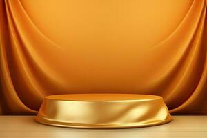 Golden podium on orange background. 3D rendering. Mock up, Golden luxurious fabric or cloth placed on top pedestal or blank podium shelf on gold background, AI Generated photo
