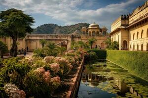 ver de el jardines de jaipur palacio, jardín en maota lago, ámbar fuerte, jaipur, India, ai generado foto