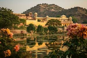 Amber Fort in Jaipur, Rajasthan, India, Garden on Maota Lake, Amber Fort, Jaipur, India, AI Generated photo