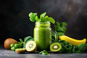 Healthy green smoothie with kiwi, banana and spinach on dark background, Glass jar mugs with green health smoothie, kale leaves, lime, apple, kiwi, grapes, banana, avocado, lettuce, AI Generated photo