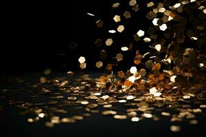 Golden confetti on black background. Festive concept. 3D Rendering, Golden confetti on a Black background. Shallow depth of field, AI Generated photo