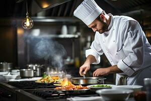 cocinero preparando comida en el cocina a el restaurante. Cocinando comida concepto, gastrónomo cocinero Cocinando en un comercial cocina, ai generado foto