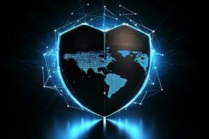 Glowing blue shield with world map on dark background. Security concept. 3D Rendering, Global network security shield on a Black background, Digital security and data protection, AI Generated photo