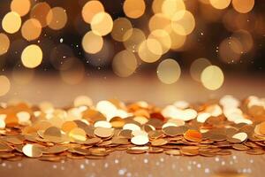 Golden confetti on bokeh background. Festive decoration, golden confetti on bokeh background. Festive decoration, AI Generated photo