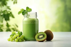 Glass jar with tasty kiwi smoothie on wooden table outdoors, Glass jar mugs with green health smoothie, kale leaves, lime, apple, kiwi, grapes, banana, avocado, lettuce. Copy space. Raw, AI Generated photo