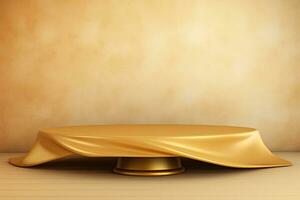 3d rendering of golden luxury podium with drapery on brown background, Golden luxurious fabric or cloth placed on top pedestal or blank podium shelf on gold background, AI Generated photo