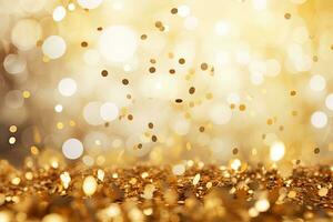 Golden bokeh background. Festive christmas abstract background, Golden confetti on a light background. Festive abstract background with bokeh effect, AI Generated photo