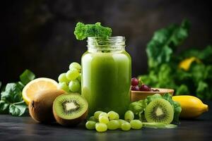 Healthy green smoothie with kiwi, banana, grapes and broccoli in glass jar on dark background, Glass jar mugs with green health smoothie, kale leaves, lime, apple, kiwi, grapes, banana, AI Generated photo