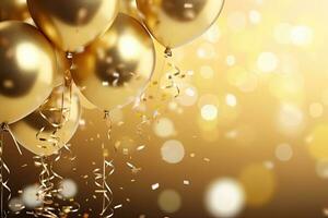 Golden balloons with confetti and ribbons on golden bokeh background, Golden balloons and confetti on a golden background. 3d rendering, AI Generated photo