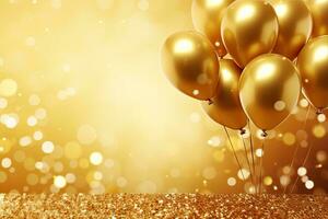 oro fiesta globos antecedentes con bokeh luces. 3d ilustración, dorado globos y papel picado en un dorado antecedentes. 3d representación, ai generado foto