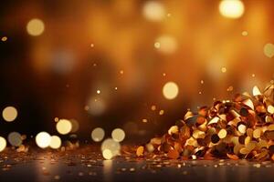 Golden confetti on a bokeh background. 3d rendering, golden confetti on bokeh background. Festive decoration, AI Generated photo