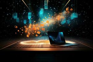 Conceptual image with glowing laptop on wooden table. 3d rendering, futuristic workspace with sparkling particles floating out of glowing screen, AI Generated photo