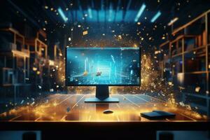 Computer screen with abstract glowing background. Technology concept. 3D Rendering, futuristic workspace with sparkling particles floating out of glowing screen, AI Generated photo