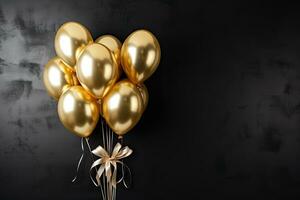 Golden balloons with ribbons on dark background. 3D Rendering, Gold balloons bunch on a black wall background, AI Generated photo