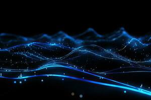 Abstract technology background with glowing lines and particles. 3D illustration, Glowing blue lines and abstract data system on Black background representing complex data flow, AI Generated photo