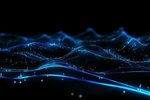 Abstract technology background with glowing lines and particles. 3D illustration, Glowing blue lines and abstract data system on Black background representing complex data flow, AI Generated photo