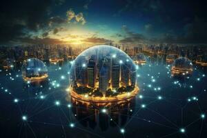 Smart city and wireless communication network over the world. 3D rendering, Global network connection and internet of things concept, AI Generated photo