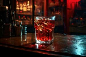 cóctel con hielo cubitos en un bar mostrador en un Club nocturno, vaso de reajuste salarial en bar escritorio, ai generado foto