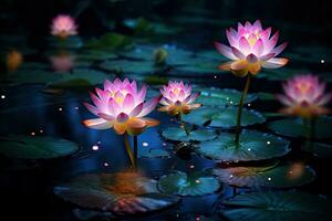 hermosa loto flor floreciente en el estanque a noche, brillante loto flores, ai generado foto