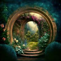 Magic fairytale garden with arch and stairs, generative ai photo