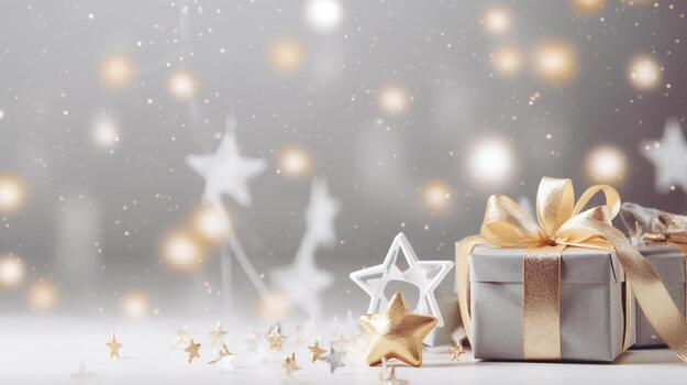 generativo ai, Navidad o nuevo año minimalista antecedentes con regalo cajas, plata y dorado bokeh luces, apagado colores foto
